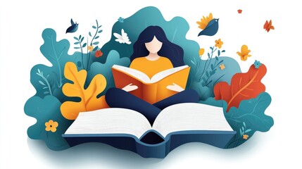 Isolated flat vector of a woman in paper style reading a book, symbolizing the online library and education concept, no logo, white background.