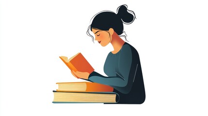Isolated flat vector of a woman paper figure reading, symbolizing the concept of online education through libraries, no logo, white background.