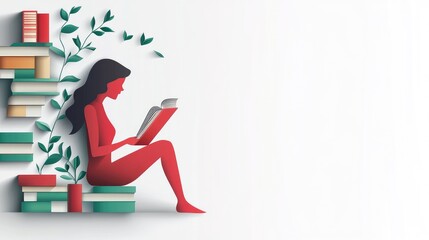 Fototapeta premium Minimalist vector design of a paper woman reading, emphasizing online education through libraries, white background, isolated, no people.