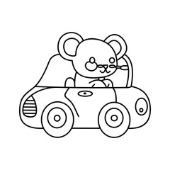 Cute mouse driving the car cartoon vector  line art