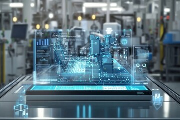 A digital twin of a manufacturing process with virtual simulations of machinery and workflow. The display includes live data, Generative AI