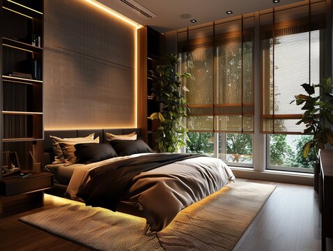 Bedroom with smart window blinds, serene lighting, and elegant decor