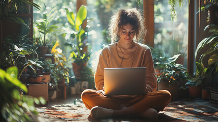 Cozy Work Space: A young woman, radiating comfort and focus, works on her laptop amidst lush indoor plants. Bathed in soft natural light, she embodies the perfect blend of productivity and tranquility