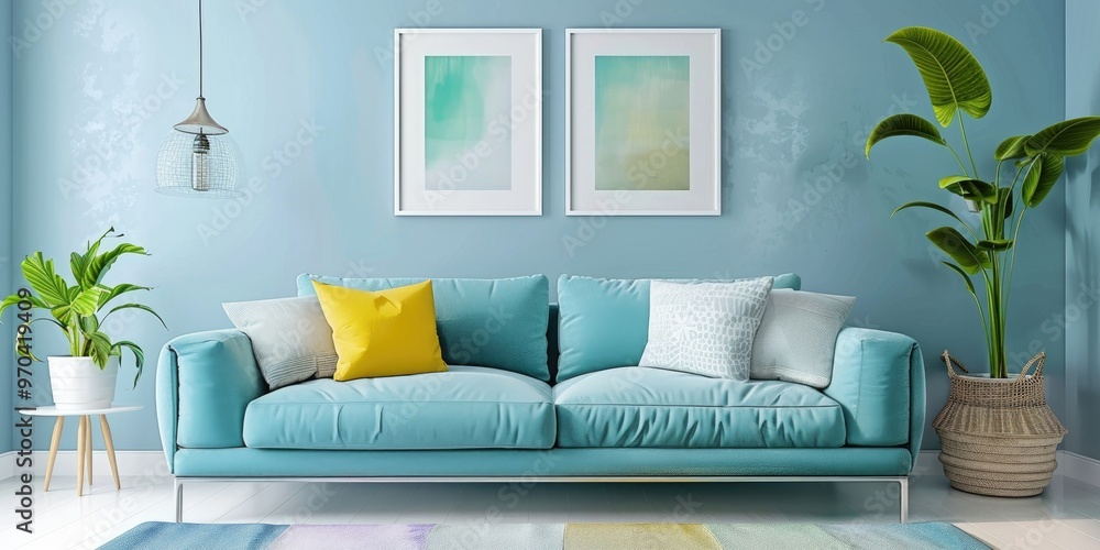 Wall mural bright living room interior featuring a sofa