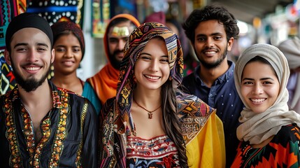 Naklejka premium Diverse People in Cultural Festival Attire, Group Portrait Shot, Stock Photo Style, , Cultural Attire