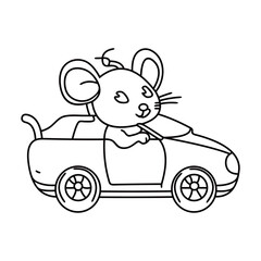 Cute mouse driving the car cartoon vector  line art