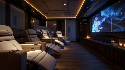 Home theater with smart projector, reclining seats, and surround sound
