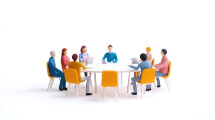 Paper people figures discussing at a round table, representing digital learning in an online library, flat vector, no logos, white background.