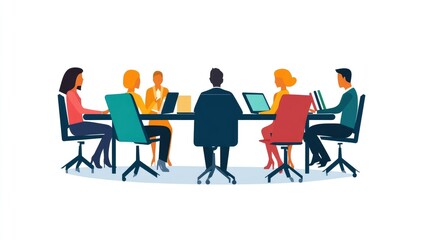 Paper people in a business meeting, symbolizing online library access and education, flat vector, isolated on white, no people.