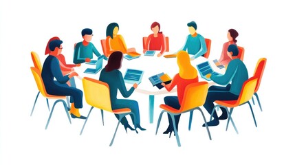 Vector art of paper people in a business meeting, emphasizing online library access and education, no logos or people, white background.