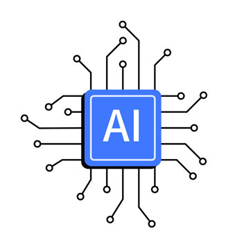 Central blue chip marked AI with black surrounding circuits, symbolizing technology and AI connectivity. Ideal for tech innovation, machine learning, artificial intelligence, computational power, da