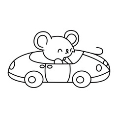 Cute mouse driving the car cartoon vector  line art