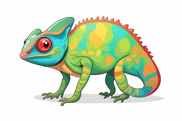 A Colorful Cartoon Chameleon with Red Eyes and Spiked Crest