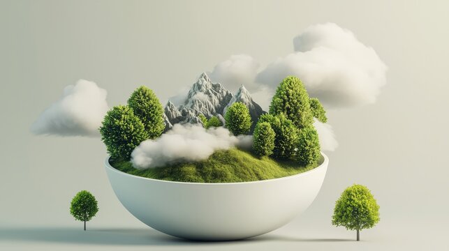 Surreal landscape with miniature trees, mountains, and clouds inside a bowl, blending nature and imagination in a creative scene.
