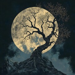 Fototapeta premium Haunting Skeletal Tree Silhouette Against Luminous Moonlit Sky in Vintage Botanical