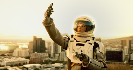 City, navigation and phone with astronaut woman outdoor on planet earth for directions or space...