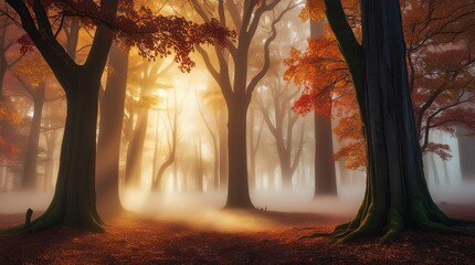 A misty autumn forest at dawn