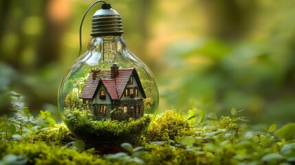 Miniature house inside a light bulb in