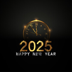 Happy new 2025 year Elegant gold text with fireworks, clock and light. Minimalistic text template.