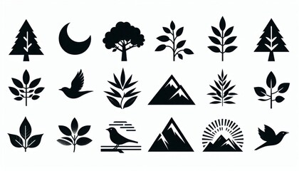 set of trees , leave and mountain icon set