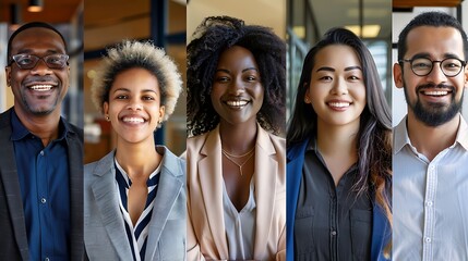 Fototapeta premium Collage of multicultural people headshots, emphasizing diversity in a business setting, with a portrait shot and plain office background