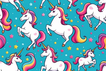 Colorful Unicorns with Rainbow Tails and Stars on Blue Background