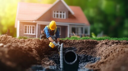 Worker with helmet installing drainage pipe near house under construction with green garden in background, emphasizing outdoor plumbing work.