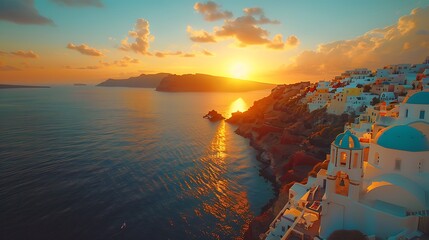 The sun sets over the white-washed buildings of Santorini, Greece, casting a warm, golden glow across the iconic blue-domed churches. The Aegean Sea sparkles in the fading light, creating a 