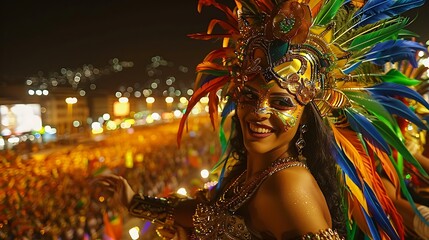 The vibrant Carnival celebration in Rio de Janeiro, Brazil, fills the streets with dazzling costumes, lively samba music, and electrifying dance. The entire city comes alive with color and energy, 