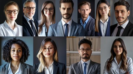 Fototapeta premium Collage of diverse businessmen and businesswomen, with a business theme, portrait shot, and plain office background