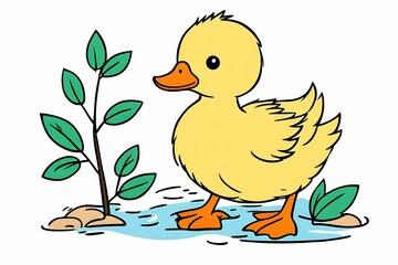 Fototapeta premium A Yellow Duckling Standing in a Pond with Green Leaves