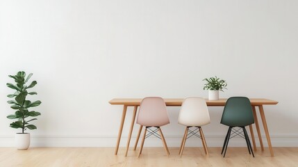 Fototapeta premium A dining room with a solid wood table and mismatched minimalist chairs, surrounded by natural light, Digital Art, Cozy and inviting