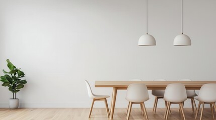 A dining room with a solid wood table and mismatched minimalist chairs, surrounded by natural light, Digital Art, Cozy and inviting
