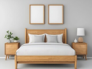 A modern bedroom with a solid wood dresser, minimalist wall art, and simple bedding, Digital Art, Clean and inviting