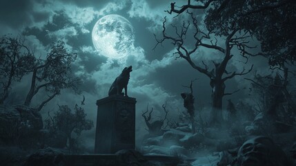 A werewolf-themed podium with eerie moonlight shining through dark clouds, twisted trees, and howling wolves in the distance