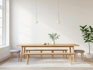 A minimalist dining room with a long solid wood table, matching benches, and soft gray cushions, Photorealistic, Warm and inviting