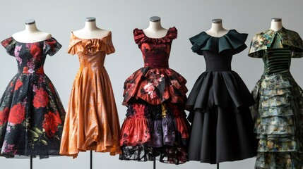 Five elegant dresses on mannequins in a studio setting.