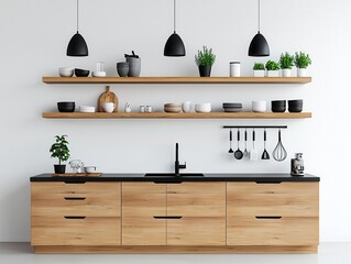 A modern kitchen with solid wood cabinetry, sleek black hardware, and minimalist open shelving, 3D rendering, Clean and natural