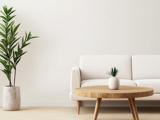 A modern living room with a solid wood coffee table, simple white couch, and soft natural lighting, 3D rendering, Calm and bright