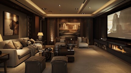Fototapeta premium Living room with smart home theater, comfortable seating, and stylish design