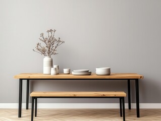 A dining room with a solid wood table and bench, paired with simple ceramic tableware and neutral decor, Digital Art, Bright and welcoming