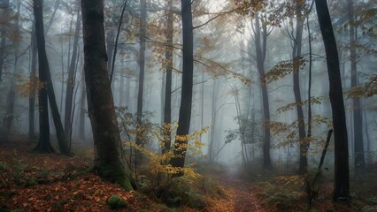 Obraz premium Misty forest with yellow leaves of autumn