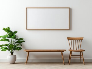 A minimalist entryway with a solid wood bench, simple decor, and neutral tones, Digital Art, Warm and inviting