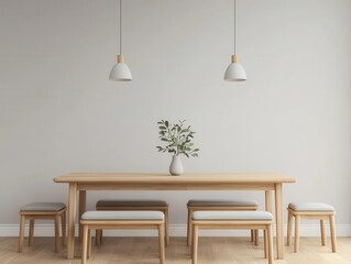 A minimalist dining room with a long solid wood table, matching benches, and soft gray cushions, Photorealistic, Warm and inviting