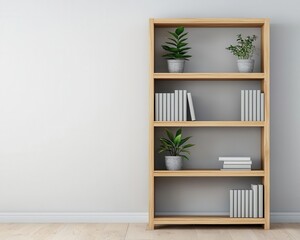 Fototapeta premium A solid wood bookshelf in a minimalist home office, filled with neutral decor and plants, 3D rendering, Simple and organized