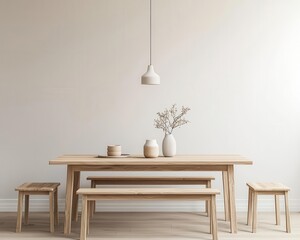 A cozy dining area with a solid wood table, matching benches, and soft lighting, 3D rendering, Warm and functional