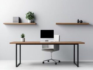 A modern office space with a walnut solid wood desk, sleek metal accents, and minimalist shelving, Digital Art, Sophisticated and clean