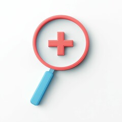 Fototapeta premium A colorful magnifying glass with a red circular frame and a blue handle features a prominent plus sign at its center, symbolizing search and addition