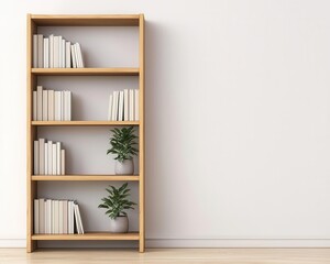 A solid wood bookshelf in a minimalist home office, filled with neutral decor and plants, 3D rendering, Simple and organized