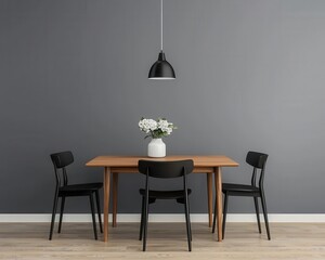 A modern dining room with a solid walnut table, sleek black chairs, and minimalist decor, 3D rendering, Elegant and functional